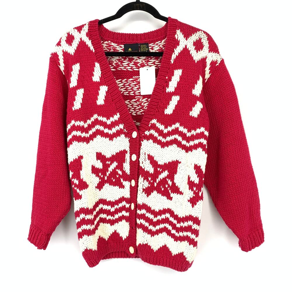 Vintage Liz Sport V-Neck Cardigan Sweater Womens Size Small Pink White Print